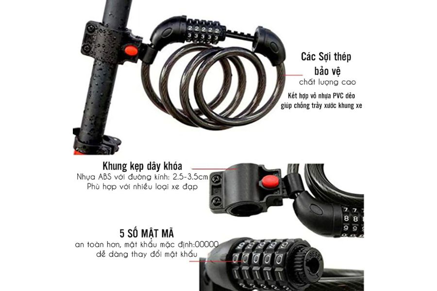 Khóa dây mật khẩu đa năng ( xe đạp, xe máy, cửa kính...vv) hàng xịn 28 Lắp đặt Khóa Dây 5 Số